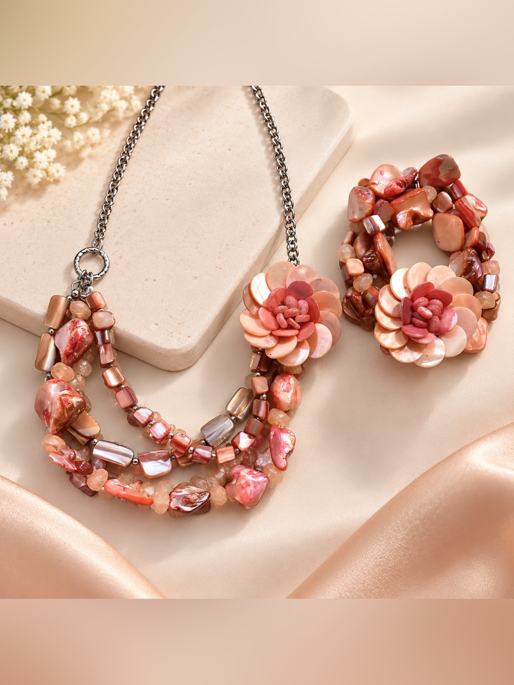 Floral Shell Statement Necklace in Coral Pink with matching bracelet